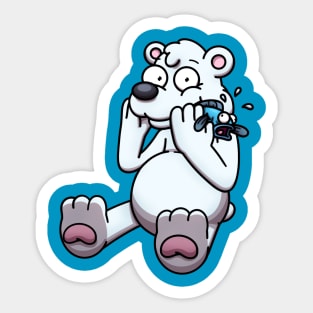 Cartoon Polar Bear Getting Caught Eating Fish Sticker